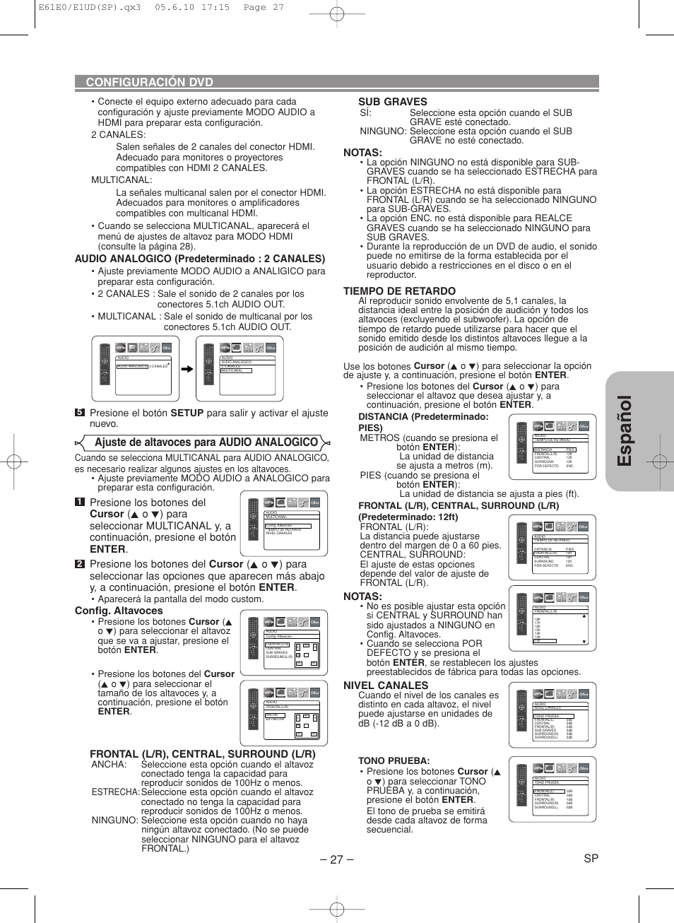 Espa ñ ol, Configuración dvd, Ajuste de altavoces para audio analogico | Audio analogico (predeterminado : 2 canales), Sub graves, Notas, Tiempo de retardo, Nivel canales, Config. altavoces, Frontal (l/r), central, surround (l/r) | Denon DVD-1920 User Manual | Page 57 / 62