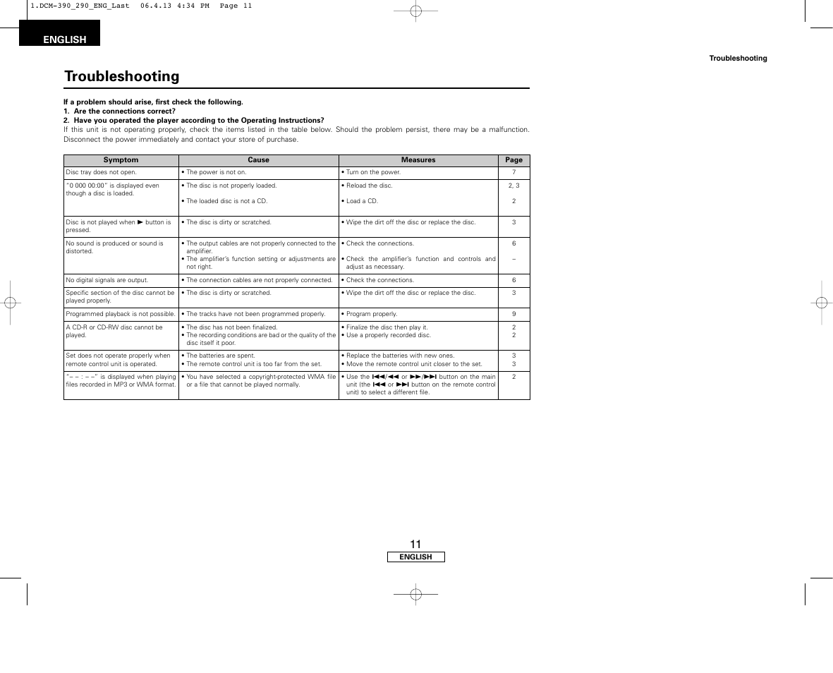 Troubleshooting, English | Denon DCM-390 User Manual | Page 14 / 40