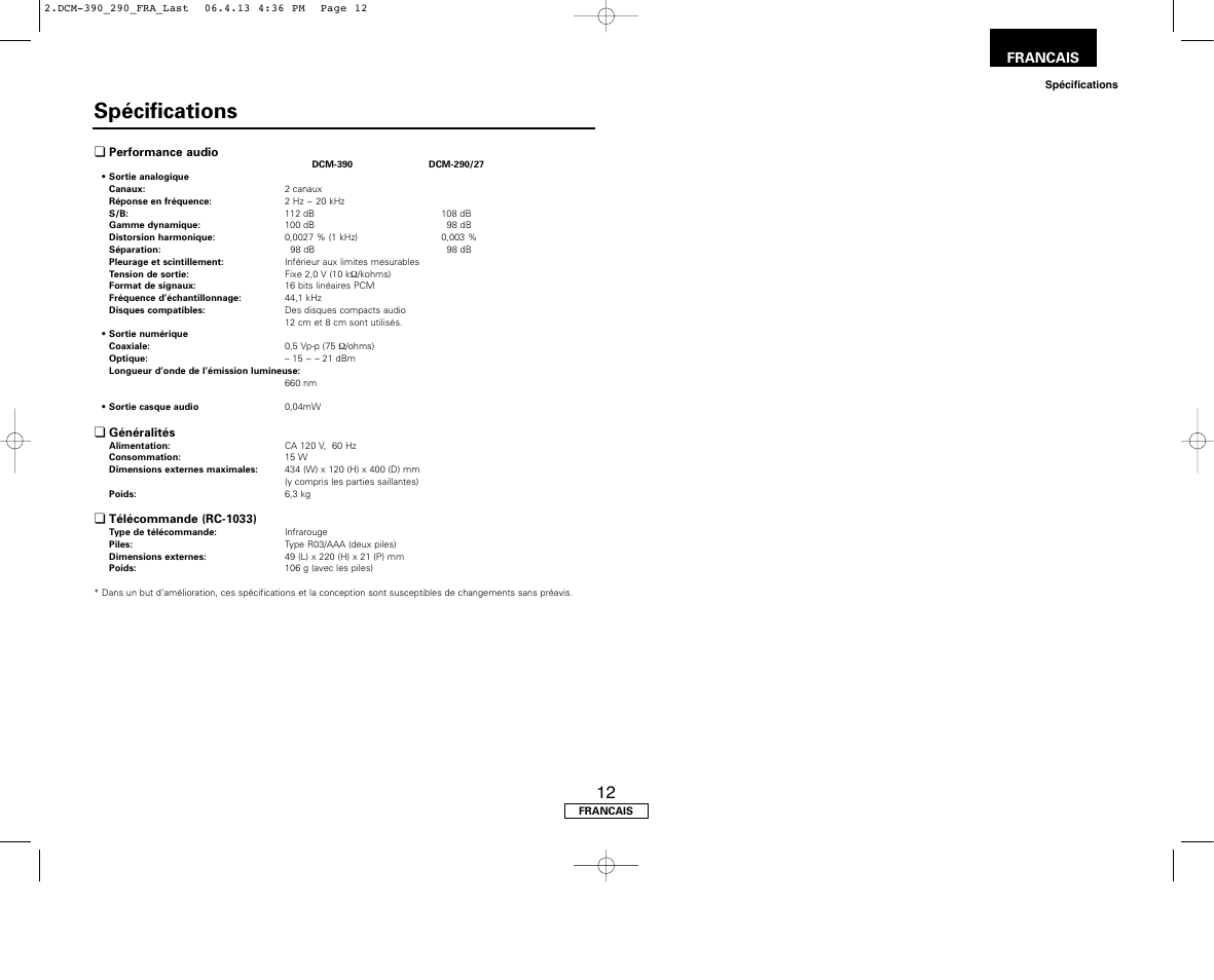 Spécifications, Francais | Denon DCM-390 User Manual | Page 27 / 40