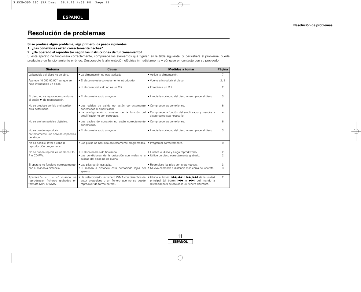 Resolución de problemas, Español | Denon DCM-390 User Manual | Page 38 / 40