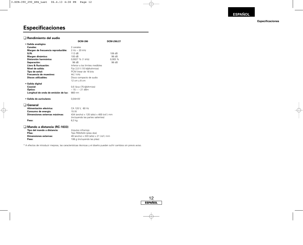 Especificaciones, Español | Denon DCM-390 User Manual | Page 39 / 40