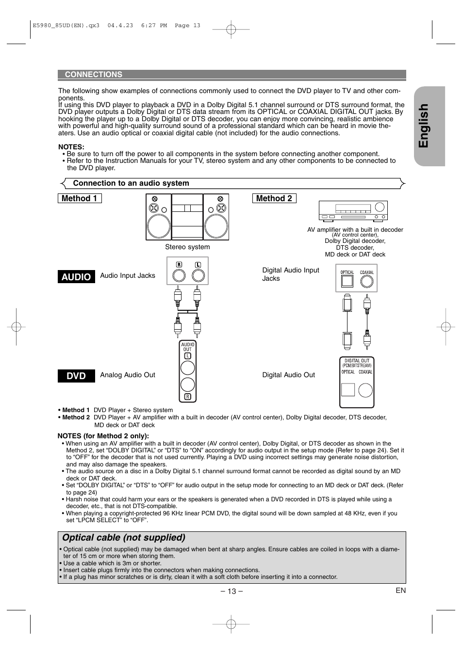 English, Audio dvd, Optical cable (not supplied) | Denon DVD-555 User Manual | Page 13 / 28