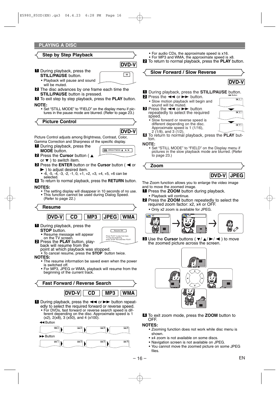 Dvd-v, Jpeg dvd-v, Wma jpeg mp3 cd dvd-v | Wma mp3 cd dvd-v, Slow forward / slow reverse, Zoom playing a disc fast forward / reverse search, Resume, Step by step playback, Picture control | Denon DVD-555 User Manual | Page 16 / 28