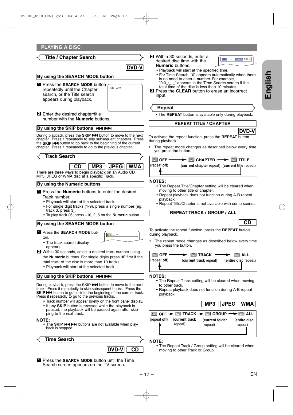 English, Wma jpeg mp3 cd, Dvd-v | Wma jpeg mp3, Cd dvd-v | Denon DVD-555 User Manual | Page 17 / 28