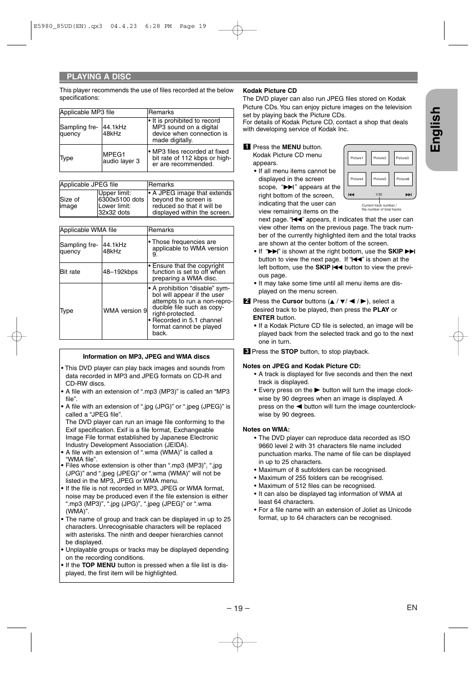 English, Playing a disc | Denon DVD-555 User Manual | Page 19 / 28