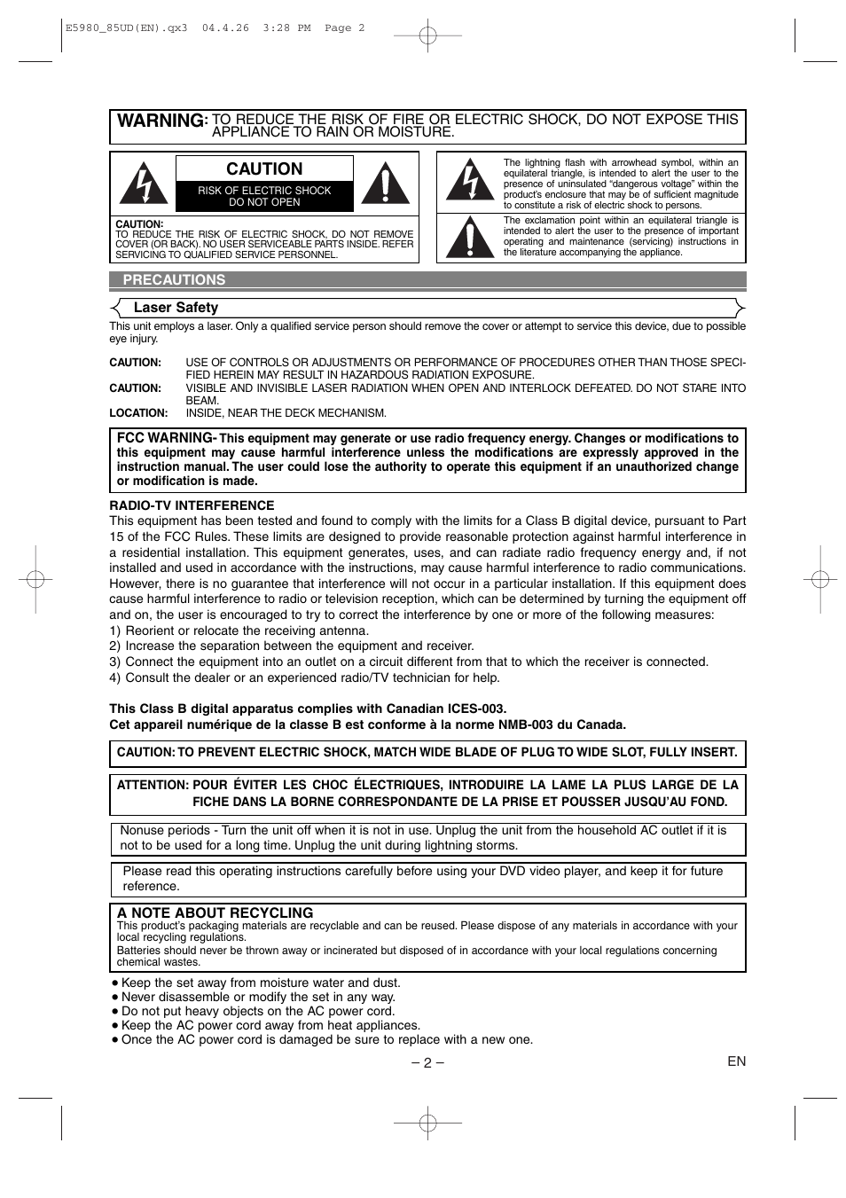 English, Precautions, Warning | Caution | Denon DVD-555 User Manual | Page 2 / 28