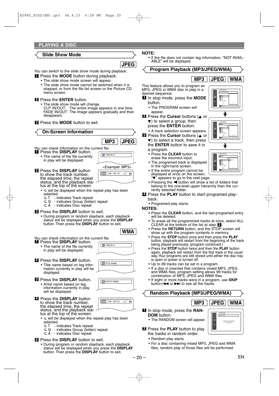 Jpeg mp3, Jpeg, Wma jpeg mp3 | Playing a disc – 20, On-screen information, Slide show mode, Program playback (mp3/jpeg/wma), Random playback (mp3/jpeg/wma) | Denon DVD-555 User Manual | Page 20 / 28