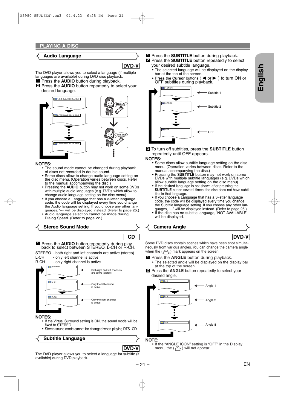 English, Dvd-v, Audio language | Playing a disc, Stereo sound mode, Subtitle language, Camera angle | Denon DVD-555 User Manual | Page 21 / 28