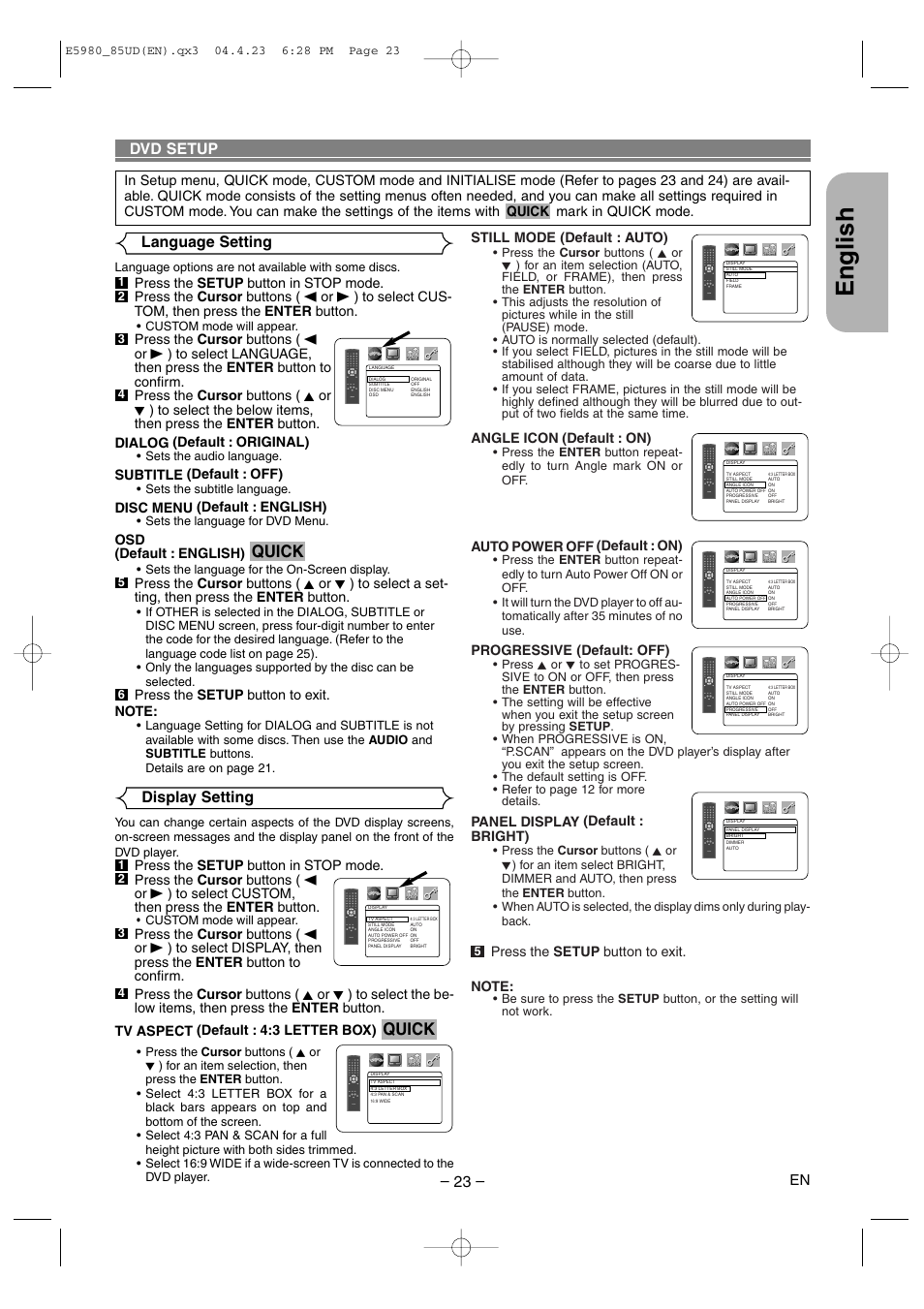 Dvd setup, English, Quick | Display setting, Language setting, Still mode (default : auto), Angle icon (default : on), Auto power off (default : on), Progressive (default: off), Panel display (default : bright) | Denon DVD-555 User Manual | Page 23 / 28