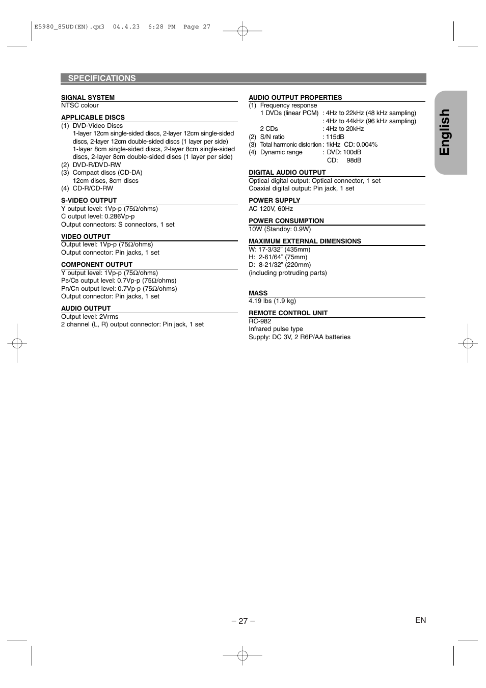 Specifications, English | Denon DVD-555 User Manual | Page 27 / 28