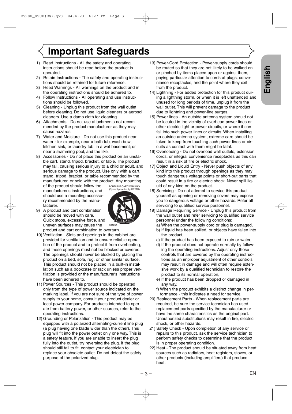 Important safeguards, English | Denon DVD-555 User Manual | Page 3 / 28