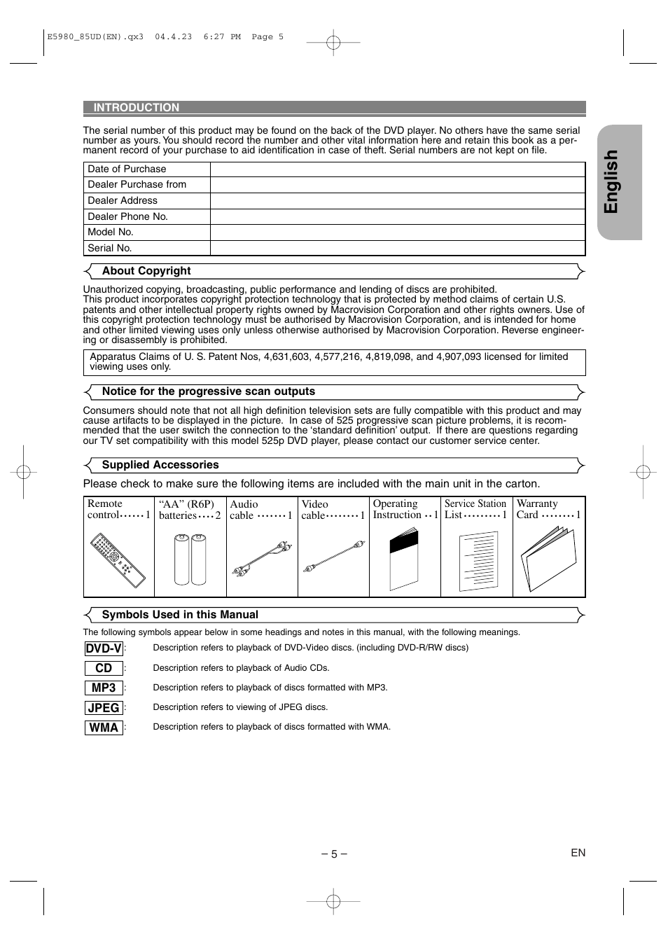 Introduction, English | Denon DVD-555 User Manual | Page 5 / 28