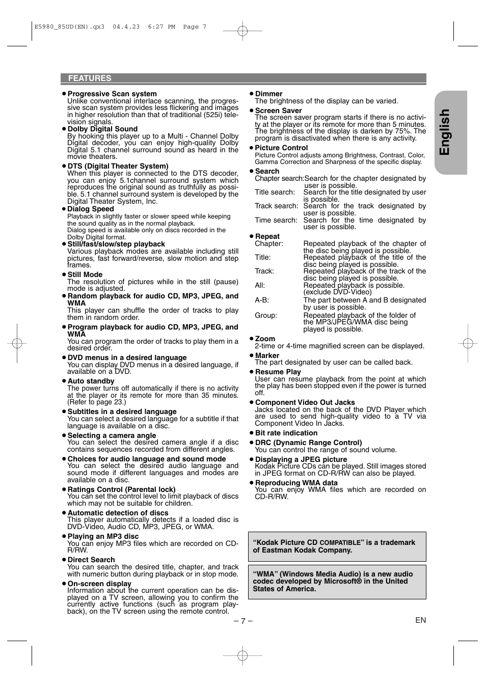 Features, English | Denon DVD-555 User Manual | Page 7 / 28