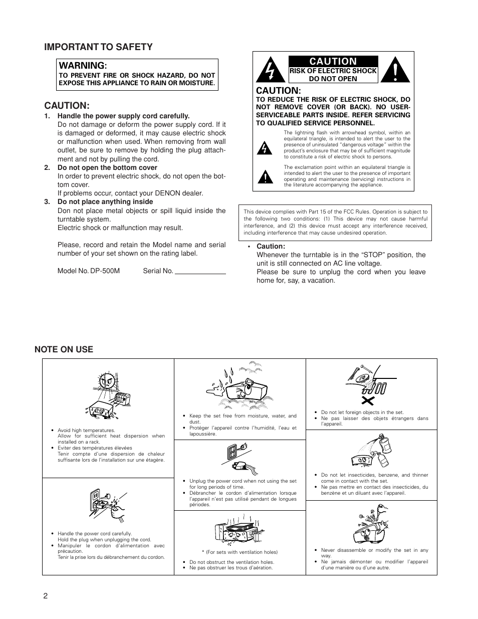 Caution, Important to safety caution, Warning | Denon DP-500M User Manual | Page 2 / 8