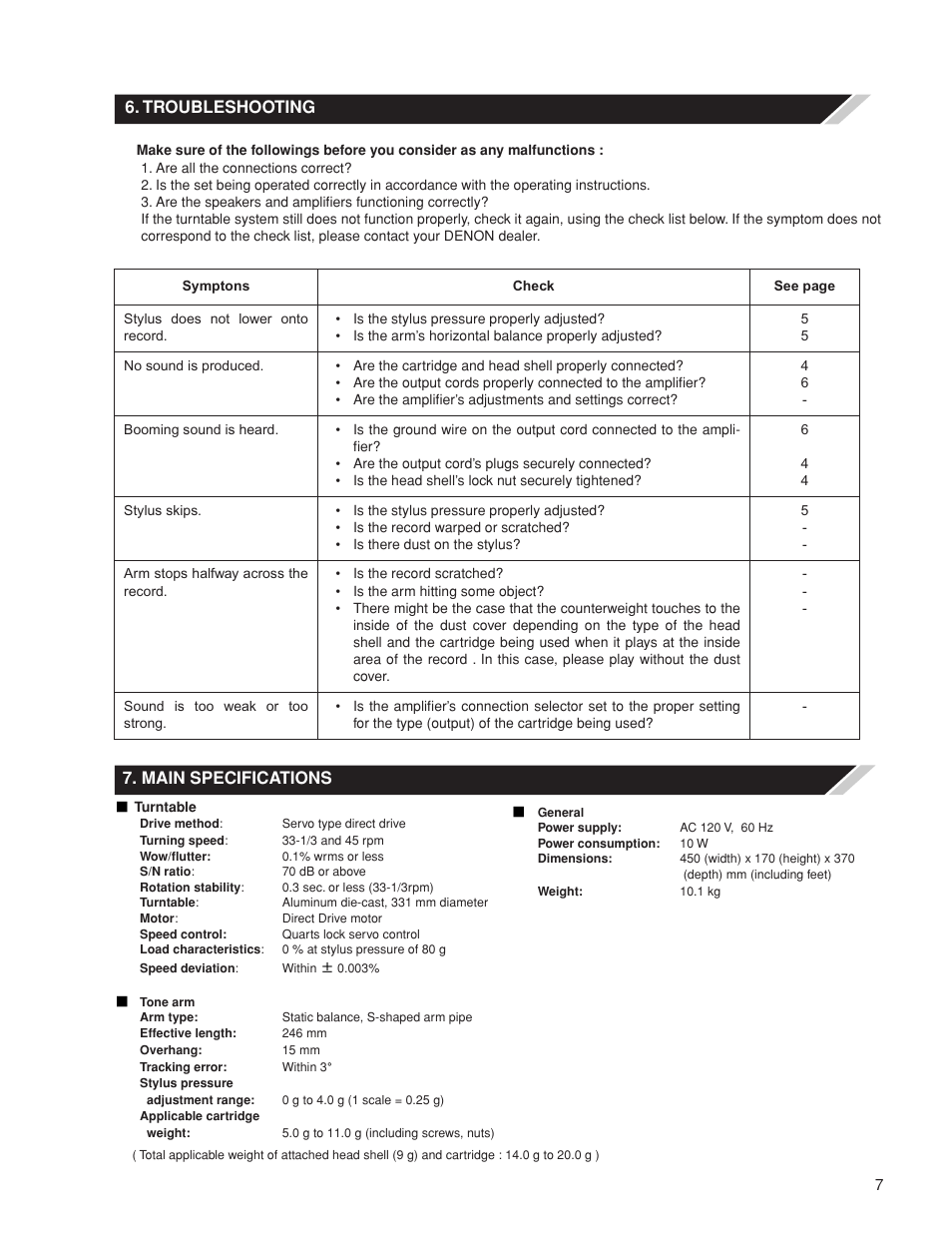 Troubleshooting, Main specifications | Denon DP-500M User Manual | Page 7 / 8