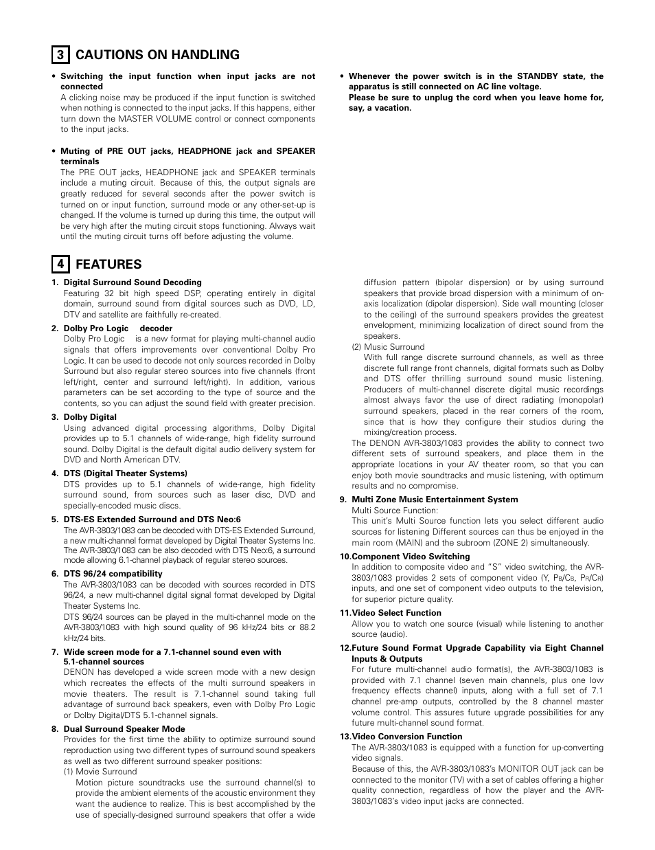 Cautions on handling, Features, 3 cautions on handling 4 features | Denon 1083 User Manual | Page 5 / 84