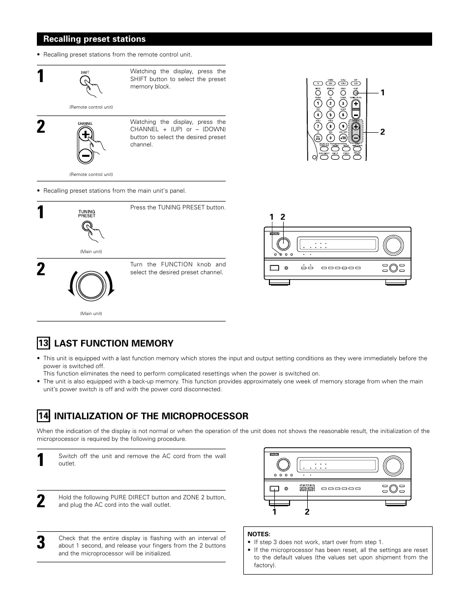 Last function memory, Initialization of the microprocessor | Denon 1083 User Manual | Page 70 / 84