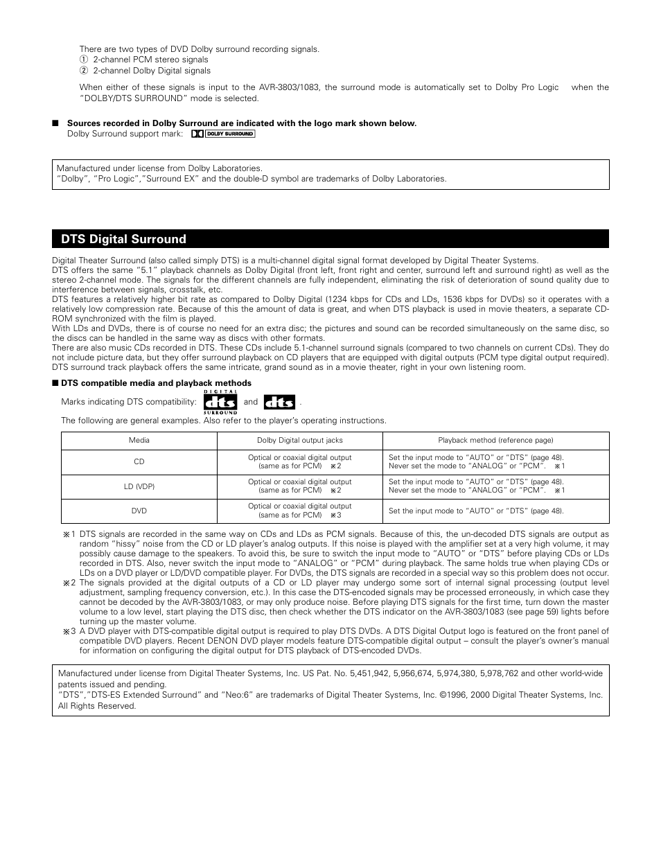 Dts digital surround | Denon 1083 User Manual | Page 77 / 84