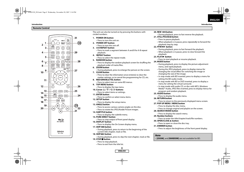 Remote control | Denon DVD-2500BTCi User Manual | Page 11 / 40