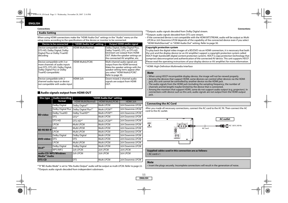 Audio setting connecting the ac cord | Denon DVD-2500BTCi User Manual | Page 14 / 40