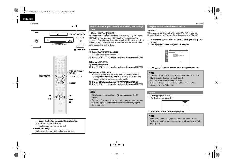 Operations using disc menu, title menu, And popup menu, Playing back a vr mode dvd-rw/-r pause | Denon DVD-2500BTCi User Manual | Page 16 / 40