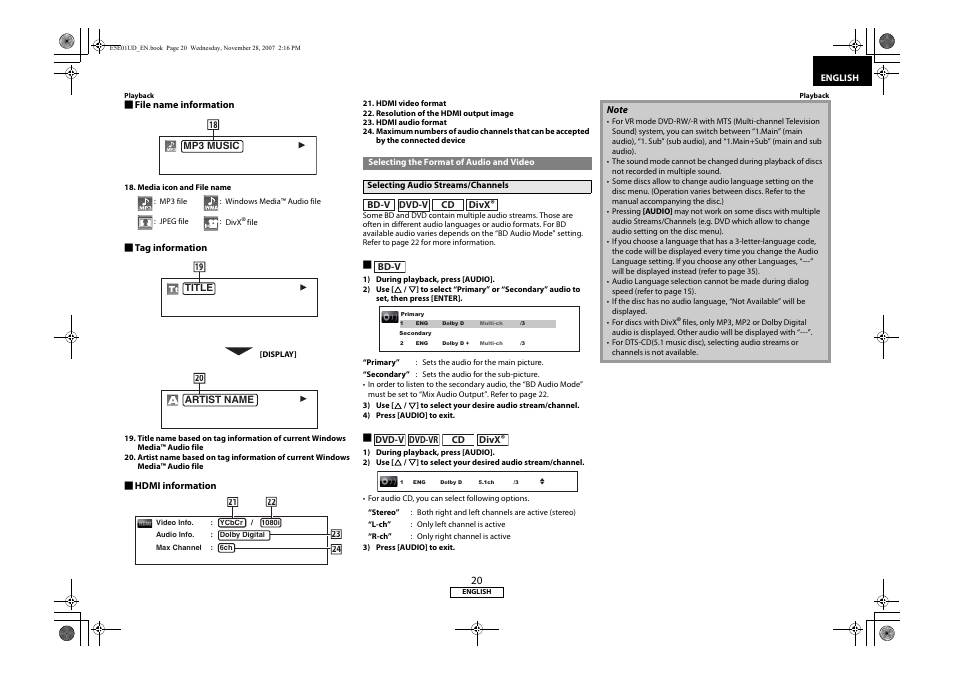 Selecting the format of audio and video, Selecting audio streams/channels | Denon DVD-2500BTCi User Manual | Page 23 / 40