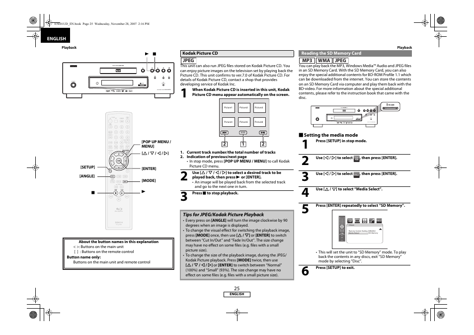 Kodak picture cd, Reading the sd memory card | Denon DVD-2500BTCi User Manual | Page 28 / 40