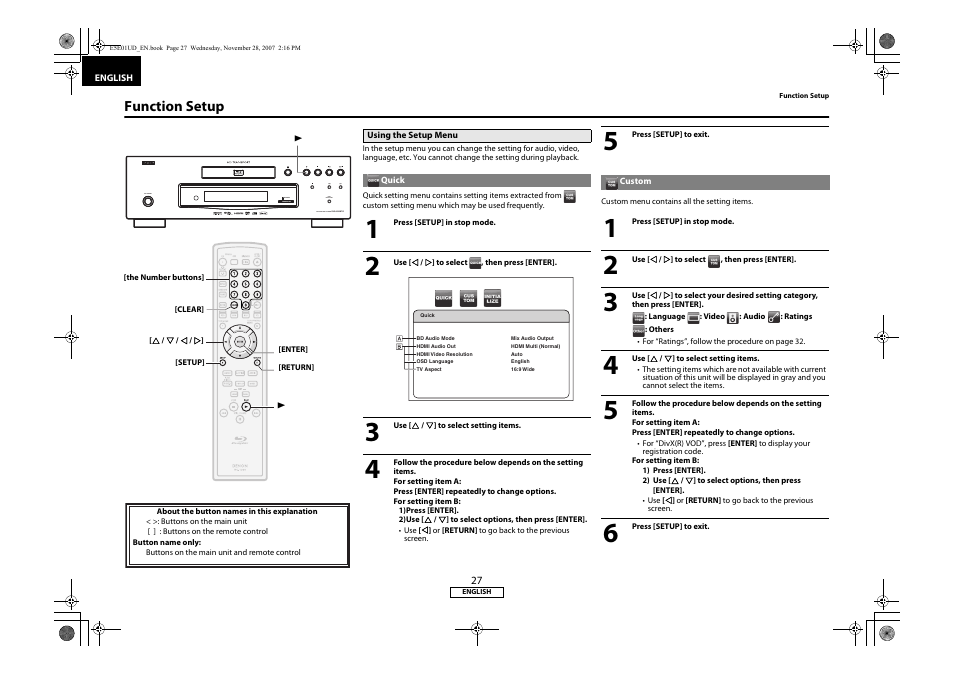 Function setup, Using the setup menu, Quick custom | Denon DVD-2500BTCi User Manual | Page 30 / 40