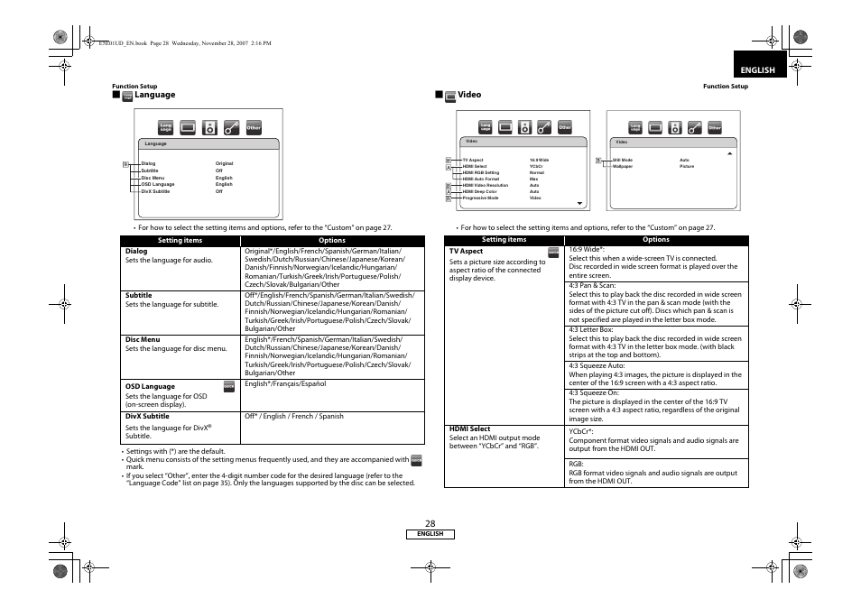 Ge 28.), Language, Video | Denon DVD-2500BTCi User Manual | Page 31 / 40