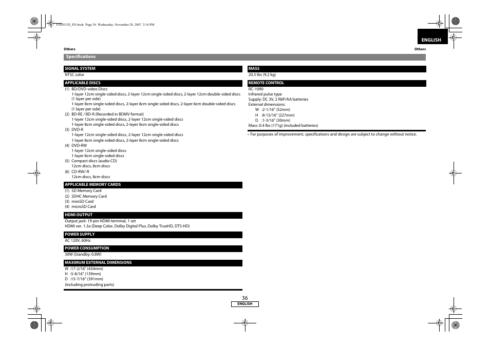 Specifications | Denon DVD-2500BTCi User Manual | Page 39 / 40