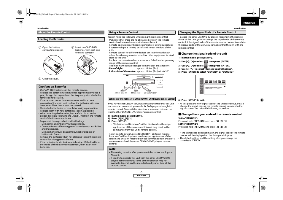 About the remote control, Player's remote control, Changing the signal code of a remote control | Denon DVD-2500BTCi User Manual | Page 9 / 40