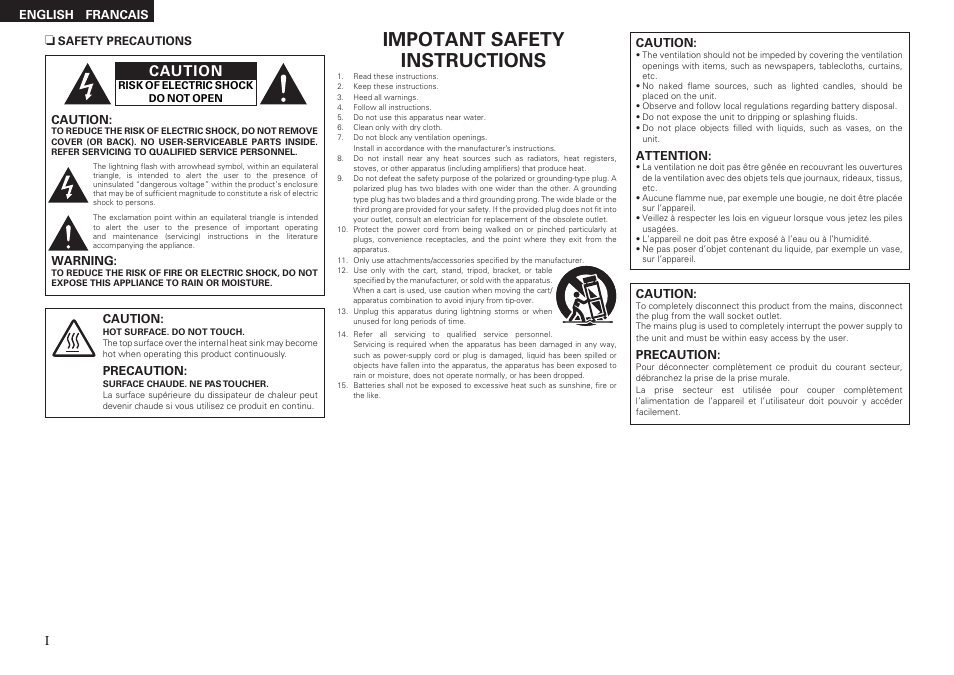 Impotant safety instructions, Caution | Denon AVR-2310CI User Manual | Page 2 / 78