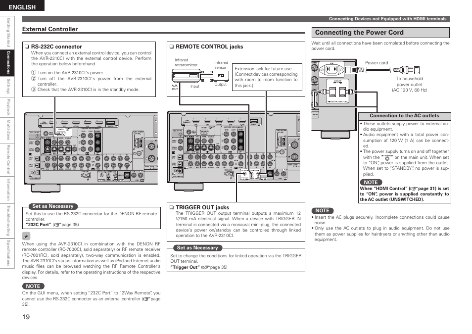 Connecting the power cord | Denon AVR-2310CI User Manual | Page 22 / 78