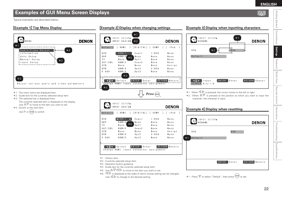 Examples of gui menu screen displays, English, Gexample 1 h top menu display | Gexample 2 h display when changing settings, Press, Gexample 3 h display when inputting characters, Gexample 4 h display when resetting | Denon AVR-2310CI User Manual | Page 25 / 78