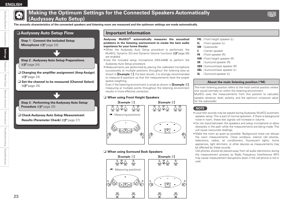 Important information, Audyssey auto setup flow n, English | Denon AVR-2310CI User Manual | Page 26 / 78