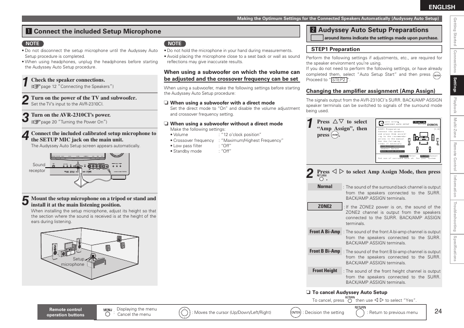 Aconnect the included setup microphone, Saudyssey auto setup preparations | Denon AVR-2310CI User Manual | Page 27 / 78