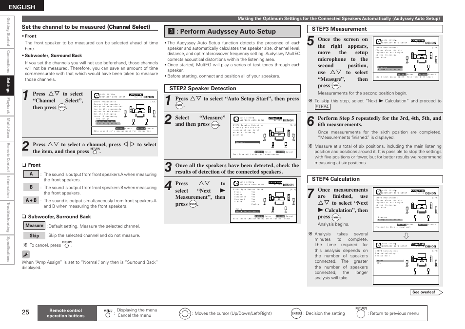 D: perform audyssey auto setup, English, Press | Select “measure” and then press, Measurement”, then press, Step2 speaker detection step3 measurement, Step4 calculation, Once measurements are finished, use, Calculation”, then press | Denon AVR-2310CI User Manual | Page 28 / 78