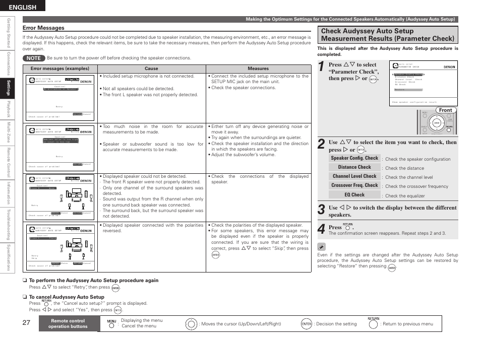 English, Press, Error messages | Denon AVR-2310CI User Manual | Page 30 / 78