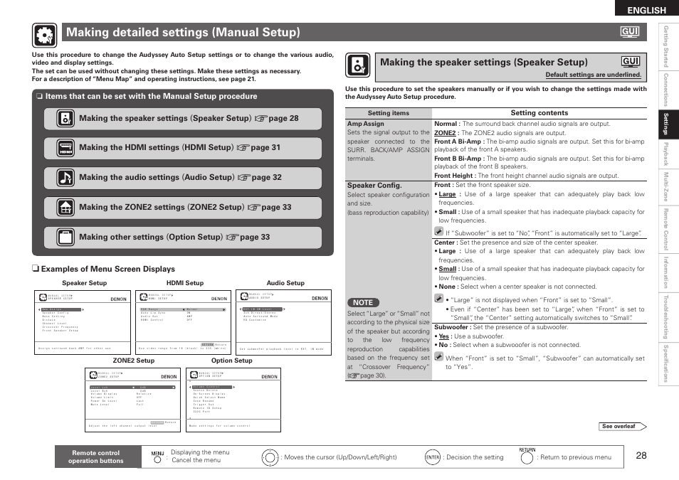 Making detailed settings (manual setup), Making the speaker settings (speaker setup), English | Examples of menu screen displays, Setting contents, Speaker confi g, Setting items, Default settings are underlined, Speaker setup hdmi setup audio setup, Zone2 setup option setup | Denon AVR-2310CI User Manual | Page 31 / 78