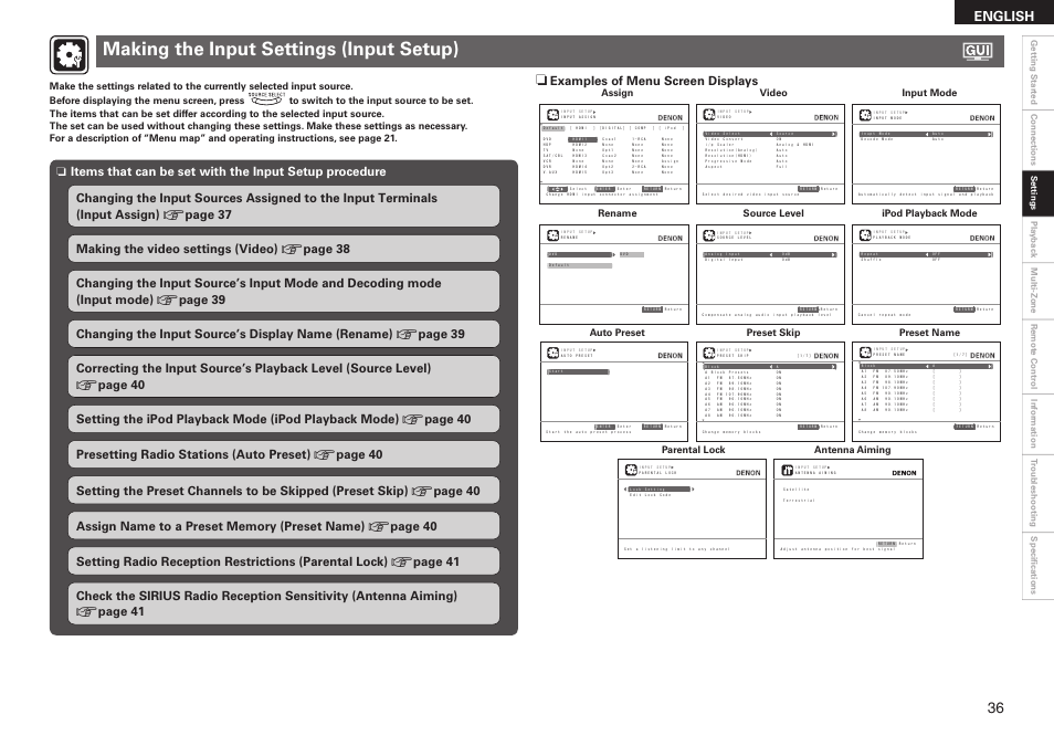 Making the input settings (input setup), English, Examples of menu screen displays | Assign video input mode, Rename source level ipod playback mode, Auto preset preset skip preset name, Parental lock antenna aiming | Denon AVR-2310CI User Manual | Page 39 / 78