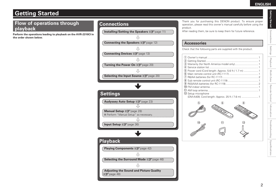 Getting started, Connections, Flow of operations through playback | Playback, Settings | Denon AVR-2310CI User Manual | Page 5 / 78