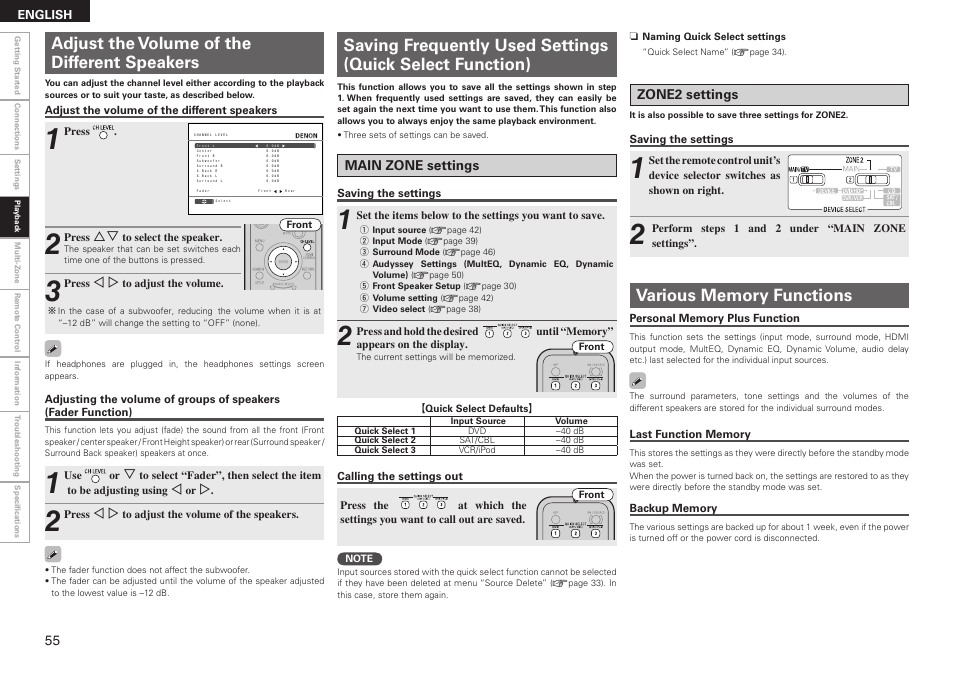 Adjust the volume of the different speakers, Main zone settings zone2 settings, English | Press, Use or, Saving the settings, Perform steps 1 and 2 under “main zone settings | Denon AVR-2310CI User Manual | Page 58 / 78