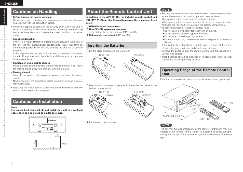 Operating range of the remote control unit, Inserting the batteries | Denon AVR-2310CI User Manual | Page 6 / 78