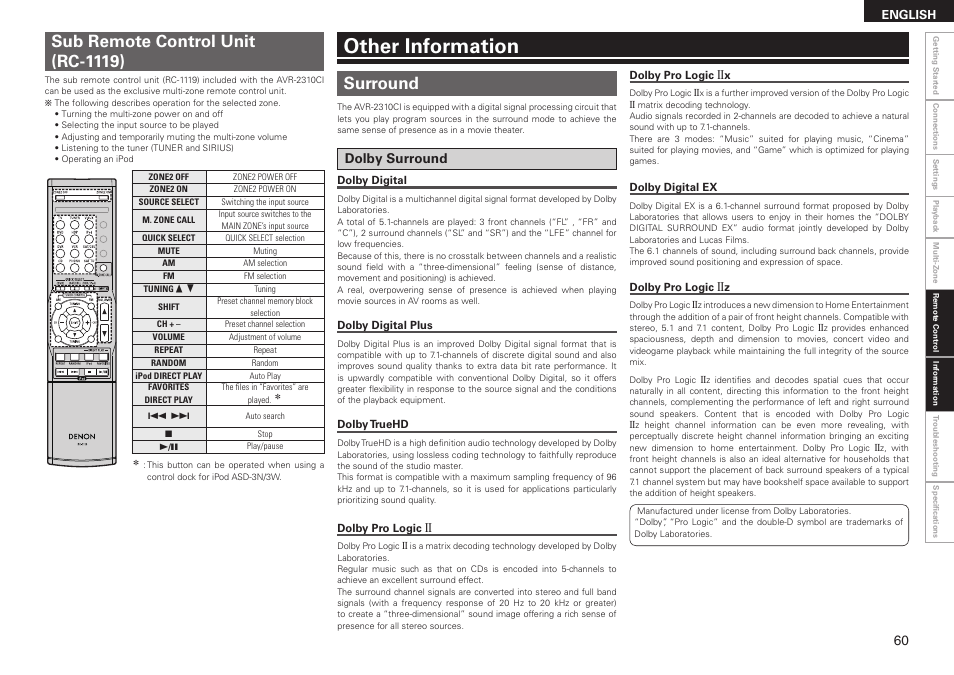 Other information, Sub remote control unit (rc-1119), Surround | Dolby surround | Denon AVR-2310CI User Manual | Page 63 / 78