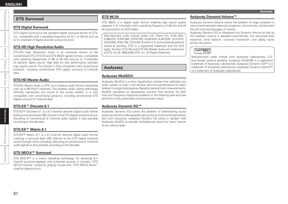 Dts surround, Audyssey | Denon AVR-2310CI User Manual | Page 64 / 78