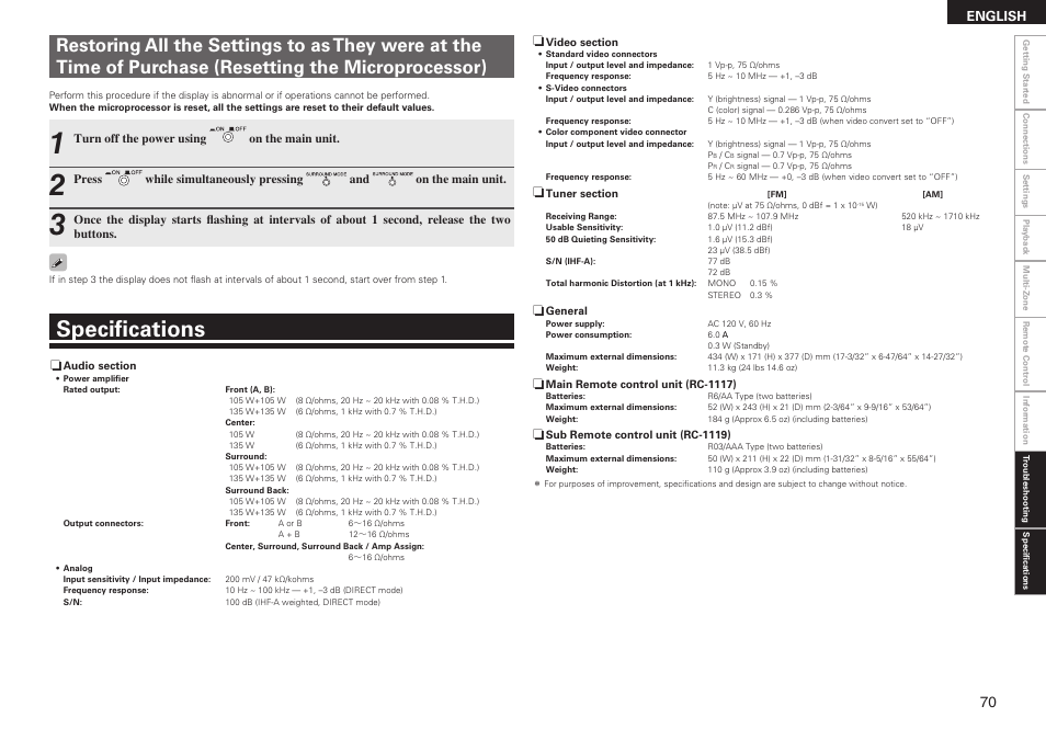 Specifications, English | Denon AVR-2310CI User Manual | Page 73 / 78