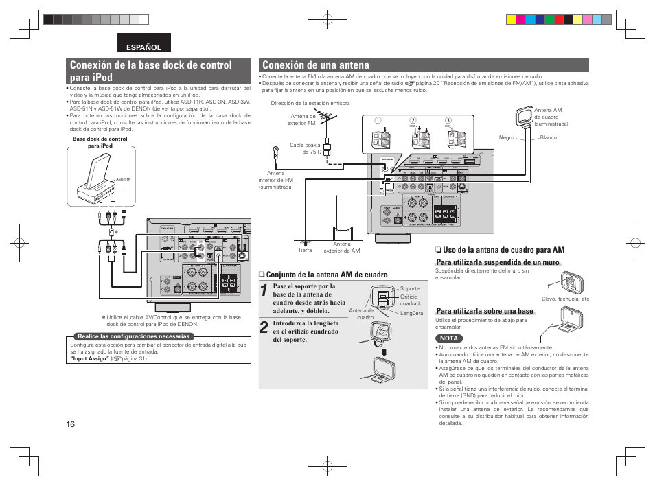 Conexión de una antena, Conexión de la base dock de control para ipod | Denon AVR-391 User Manual | Page 19 / 68
