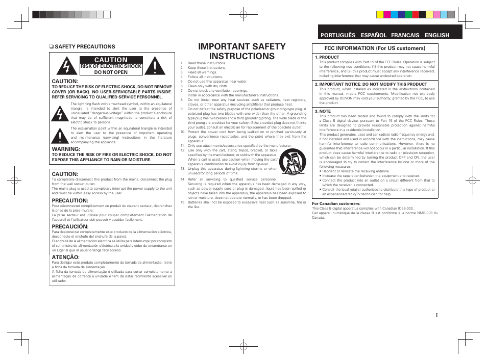 Important safety instructions, Caution | Denon AVR-391 User Manual | Page 2 / 68