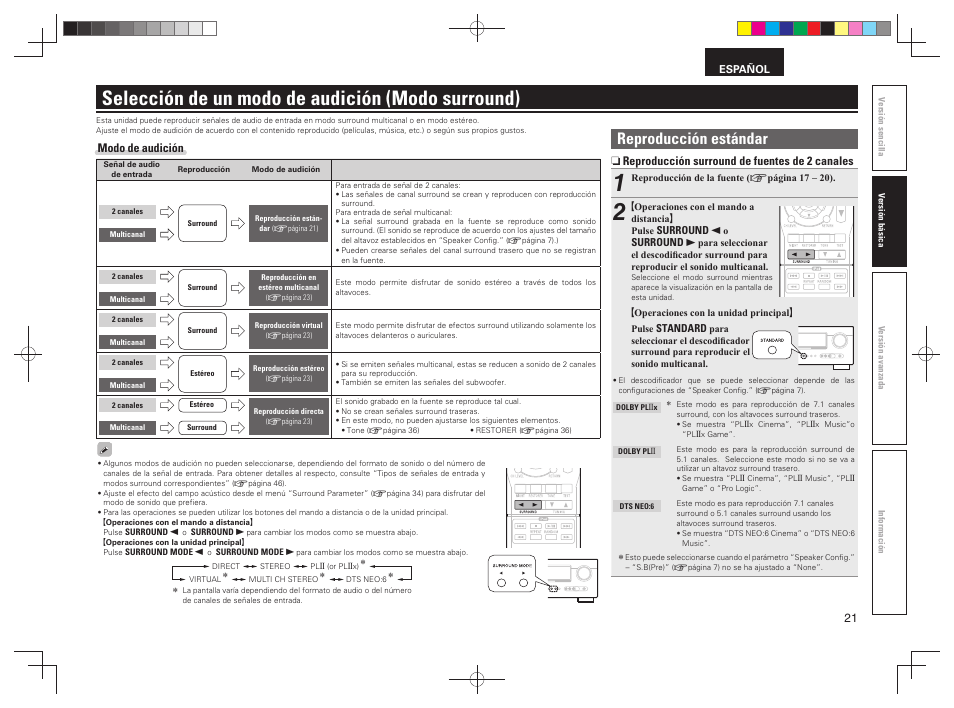 Selección de un modo de audición (modo surround), Reproducción estándar | Denon AVR-391 User Manual | Page 24 / 68