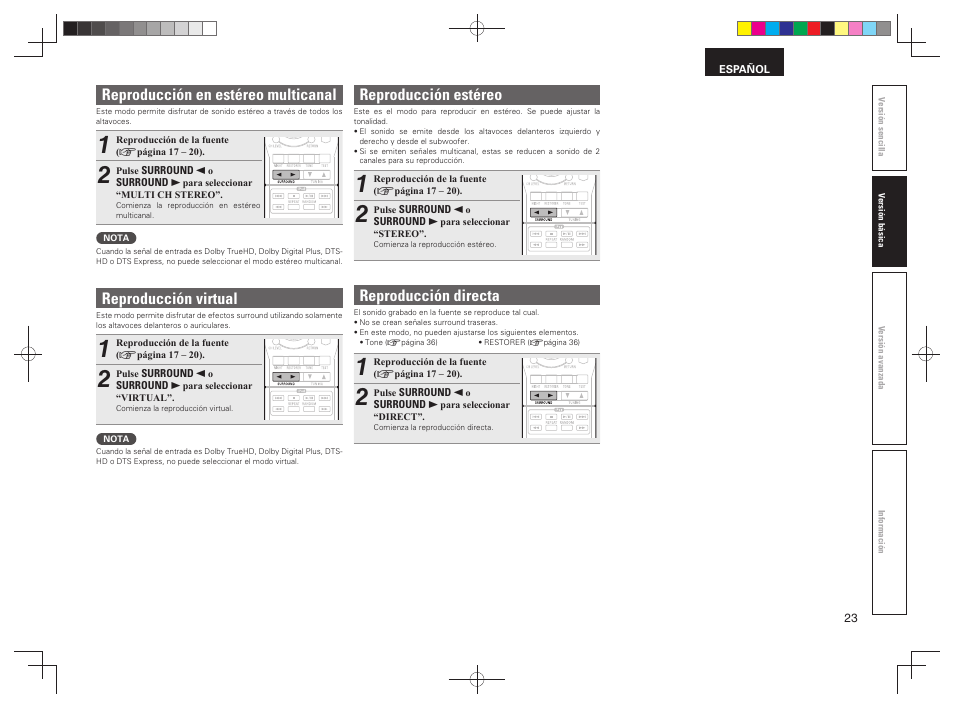 Reproducción en estéreo multicanal, Reproducción virtual, Reproducción estéreo | Reproducción directa | Denon AVR-391 User Manual | Page 26 / 68